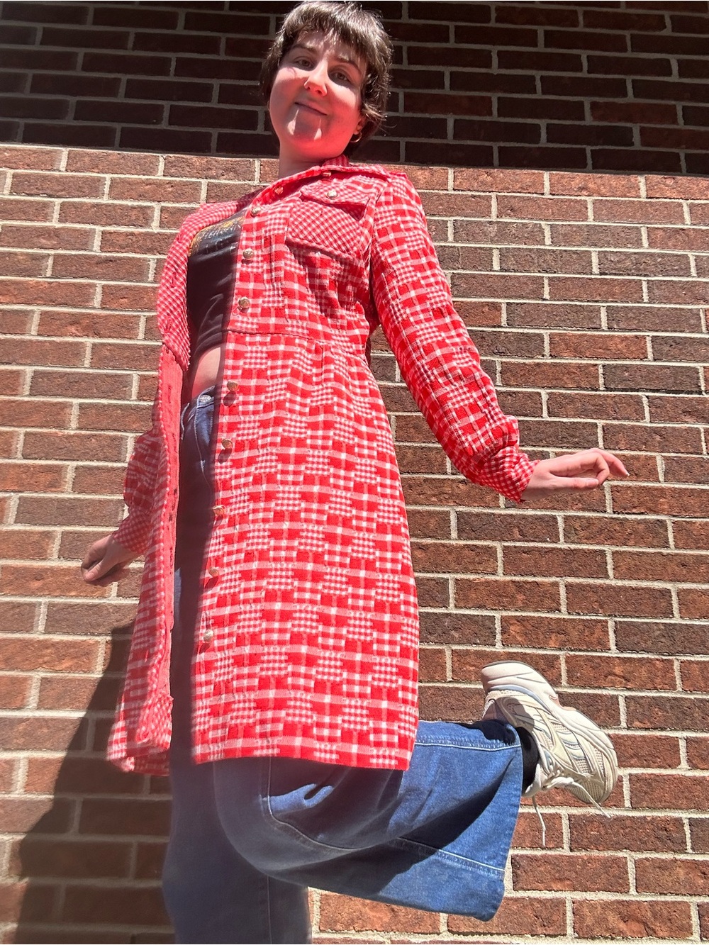 60s red plaid cotton trench coat